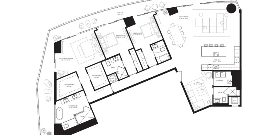 Планировка Квартиры «3BR-5» 3 спальни в ЖК Baccarat Brickell