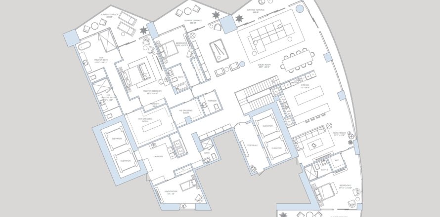 Планировка Пентхауса «3BR-1» 3 спальни в ЖК Baccarat Brickell