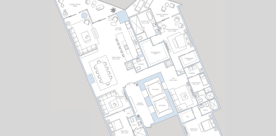 Планировка Пентхауса «3BR-3» 3 спальни в ЖК Baccarat Brickell