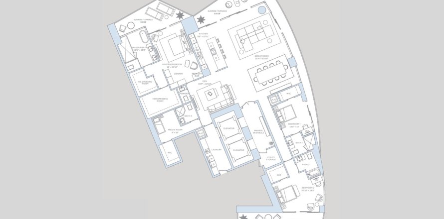 Планировка Пентхауса «3BR-2» 3 спальни в ЖК Baccarat Brickell