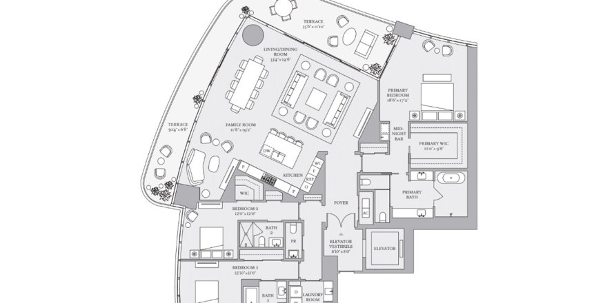 Планировка Квартиры «3BR-1» 3 спальни в ЖК St. Regis Brickell