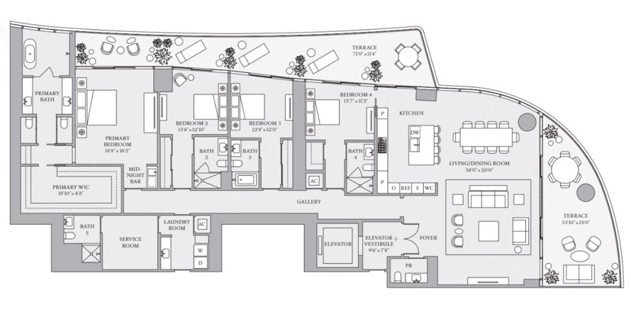 Планировка Квартиры «4BR-1» 4 спальни в ЖК St. Regis Brickell