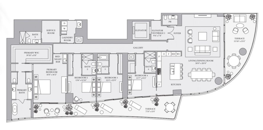 Планировка Квартиры «4BR-2» 4 спальни в ЖК St. Regis Brickell